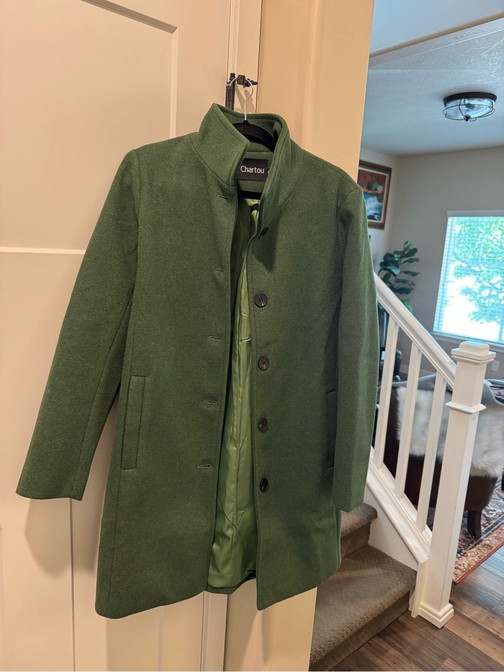 Chartou Green Wool-Blend Pea Coat — Tailored Stand-Collar Style